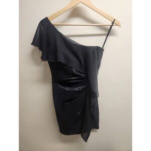 Jessica McClintock Black One‎ Shoulder Ruffle Mini Party Dress Satin LBD